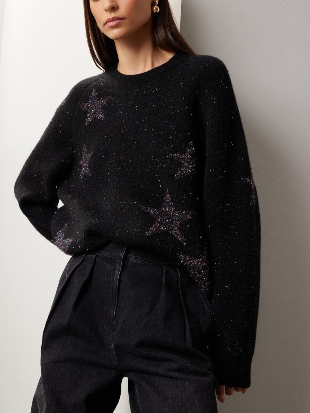 NWOT AllSaints Star Tinsel Jumper in Black & Rainbow